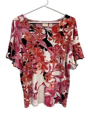 Chico's Blouse Small Floral Bell Sleeve Red Pink Multicolor Bohemian Cottage